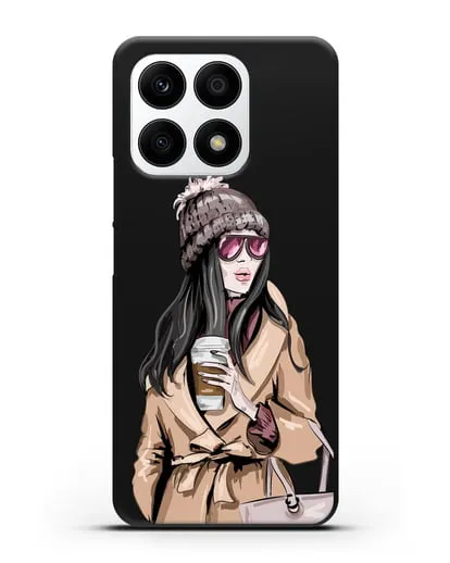 Чехол Девушка брюнетка в пальто и кофе в руках силиконовый для Honor X8a
