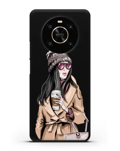 Чехол Девушка брюнетка в пальто и кофе в руках силиконовый для Honor X9