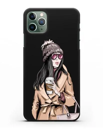 Чехол Девушка брюнетка в пальто и кофе в руках силиконовый для iPhone 11 Pro