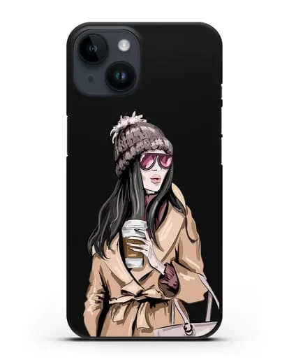 Чехол Девушка брюнетка в пальто и кофе в руках силиконовый для iPhone 14