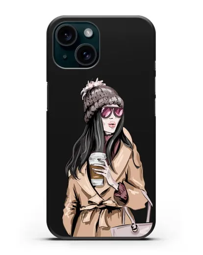 Чехол Девушка брюнетка в пальто и кофе в руках силиконовый для iPhone 15