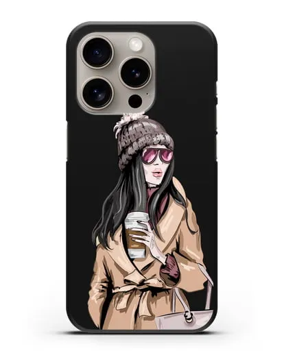 Чехол Девушка брюнетка в пальто и кофе в руках силиконовый для iPhone 15 Pro
