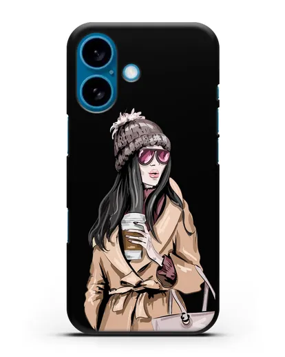 Чехол Девушка брюнетка в пальто и кофе в руках силиконовый для iPhone 16