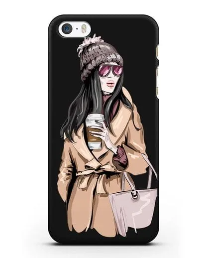 Чехол Девушка брюнетка в пальто и кофе в руках силиконовый для iPhone 5/5s/SE