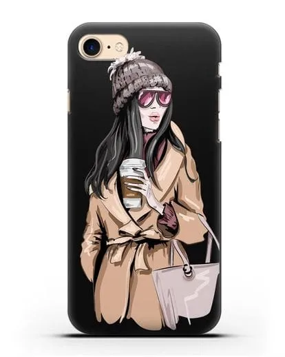 Чехол Девушка брюнетка в пальто и кофе в руках силиконовый для iPhone 8