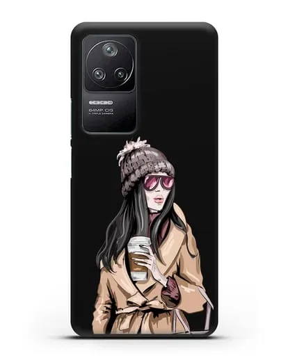 Чехол Девушка брюнетка в пальто и кофе в руках силиконовый для Xiaomi Poco F4