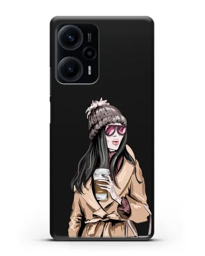 Чехол Девушка брюнетка в пальто и кофе в руках силиконовый для Xiaomi Poco F5