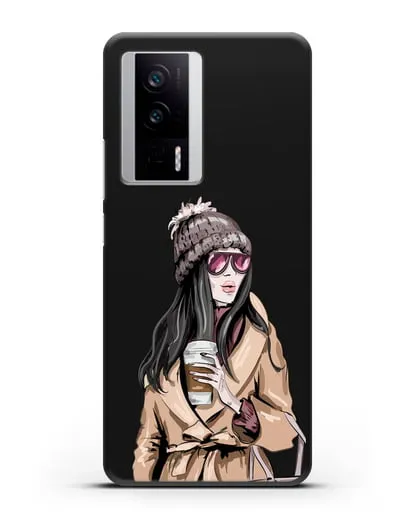 Чехол Девушка брюнетка в пальто и кофе в руках силиконовый для Xiaomi Poco F5 Pro