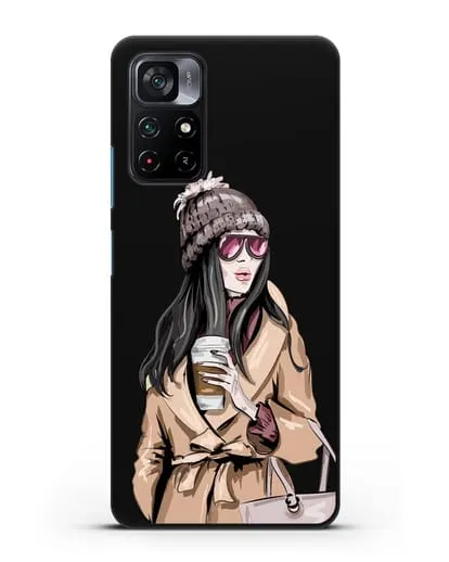 Чехол Девушка брюнетка в пальто и кофе в руках силиконовый для Xiaomi Poco M4 Pro 5G