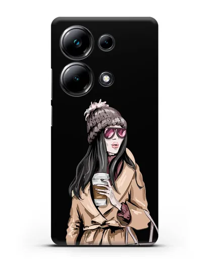 Чехол Девушка брюнетка в пальто и кофе в руках силиконовый для Xiaomi Poco M6 Pro