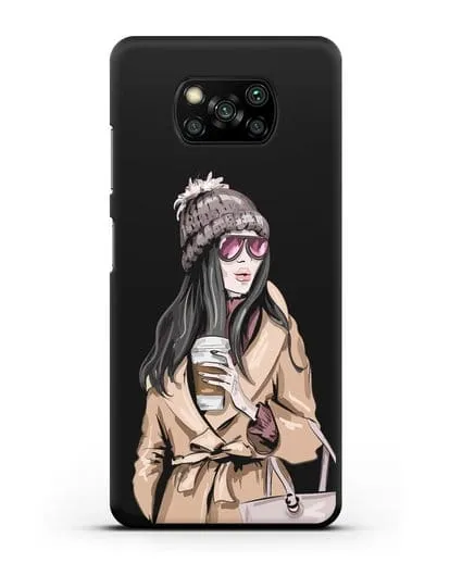 Чехол Девушка брюнетка в пальто и кофе в руках силиконовый для Xiaomi Poco X3
