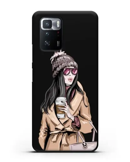 Чехол Девушка брюнетка в пальто и кофе в руках силиконовый для Xiaomi Poco X3 GT