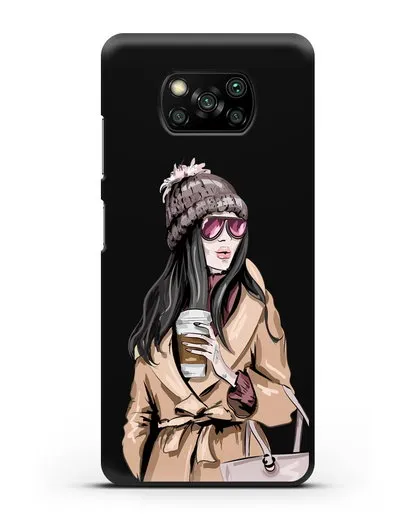 Чехол Девушка брюнетка в пальто и кофе в руках силиконовый для Xiaomi Poco X3 Pro