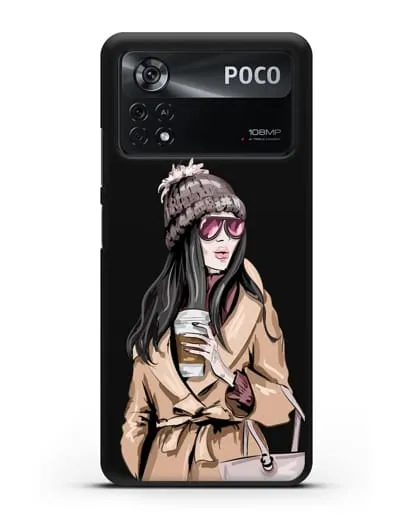 Чехол Девушка брюнетка в пальто и кофе в руках силиконовый для Xiaomi Poco X4 Pro