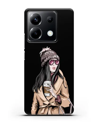 Чехол Девушка брюнетка в пальто и кофе в руках силиконовый для Xiaomi Poco X6