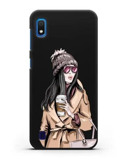 Чехол Девушка брюнетка в пальто и кофе в руках силиконовый для Samsung Galaxy A10 [SM-A105F]