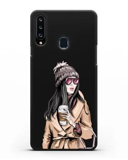 Чехол Девушка брюнетка в пальто и кофе в руках силиконовый для Samsung Galaxy A20s [SM-A207FN]
