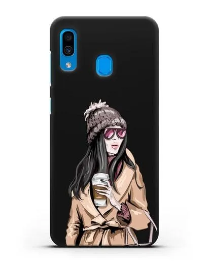 Чехол Девушка брюнетка в пальто и кофе в руках силиконовый для Samsung Galaxy A30 [SM-A305FN]