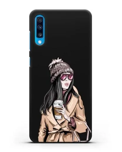 Чехол Девушка брюнетка в пальто и кофе в руках силиконовый для Samsung Galaxy A70 [SM-A705F]