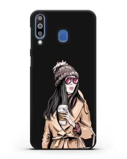Чехол Девушка брюнетка в пальто и кофе в руках силиконовый для Samsung Galaxy M30 [SM-M305F]