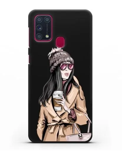 Чехол Девушка брюнетка в пальто и кофе в руках силиконовый для Samsung Galaxy M31 [SM-M315F]