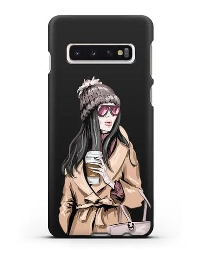 Чехол Девушка брюнетка в пальто и кофе в руках силиконовый для Samsung Galaxy S10 Plus [SM-G975F]