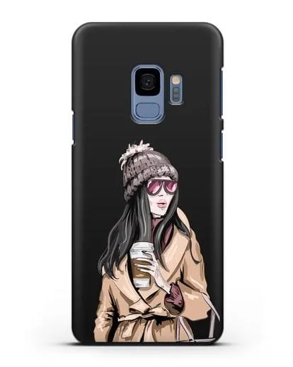 Чехол Девушка брюнетка в пальто и кофе в руках силиконовый для Samsung Galaxy S9 [SM-G960F]