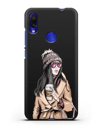 Чехол Девушка брюнетка в пальто и кофе в руках силиконовый для Xiaomi Redmi Note 7