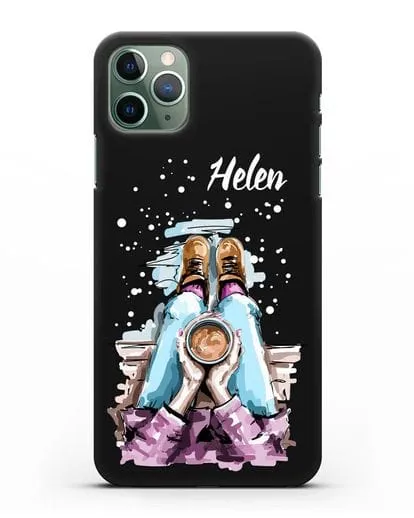 Именной чехол Девушка с чашкой кофе силиконовый для iPhone 11 Pro