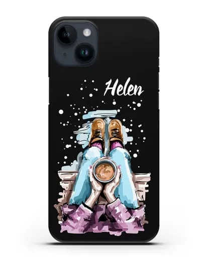 Именной чехол Девушка с чашкой кофе силиконовый для iPhone 14 Plus