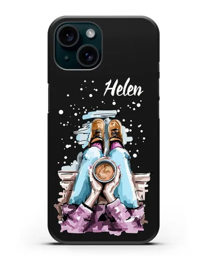 Именной чехол Девушка с чашкой кофе силиконовый для iPhone 15