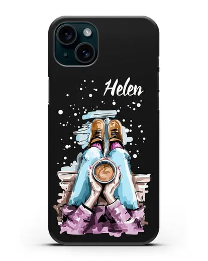 Именной чехол Девушка с чашкой кофе силиконовый для iPhone 15 Plus