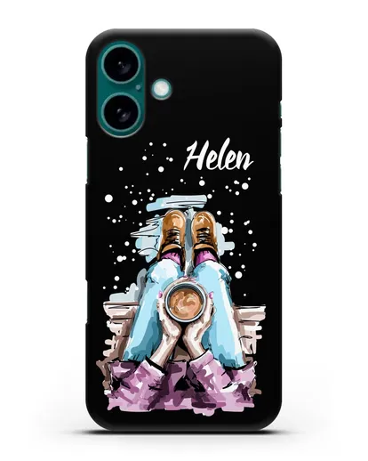 Именной чехол Девушка с чашкой кофе силиконовый для iPhone 16 Plus