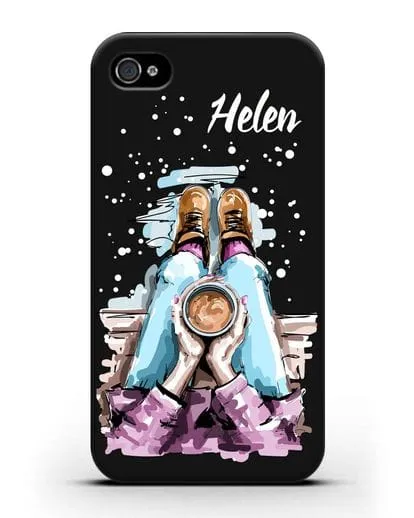 Именной чехол Девушка с чашкой кофе силиконовый для iPhone 4/4s