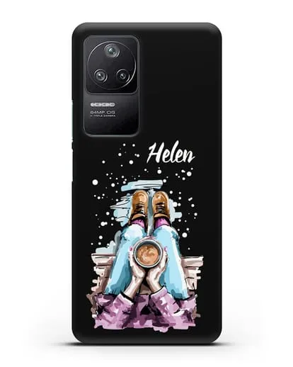 Именной чехол Девушка с чашкой кофе силиконовый для Xiaomi Poco F4