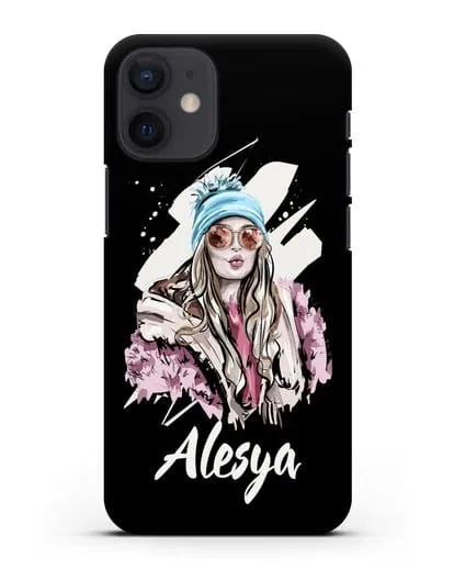 Именной чехол Девушка блондинка в очках и шапке с помпоном силиконовый для iPhone 12 mini