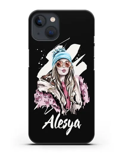 Именной чехол Девушка блондинка в очках и шапке с помпоном силиконовый для iPhone 13 Mini