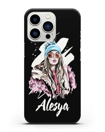 Именной чехол Девушка блондинка в очках и шапке с помпоном силиконовый для iPhone 13 Pro