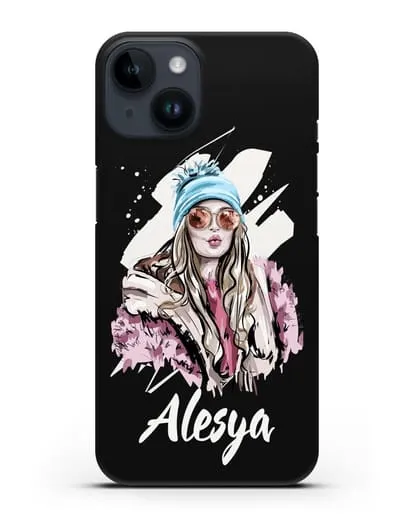 Именной чехол Девушка блондинка в очках и шапке с помпоном силиконовый для iPhone 14
