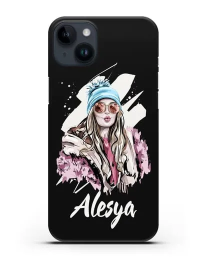 Именной чехол Девушка блондинка в очках и шапке с помпоном силиконовый для iPhone 14 Plus