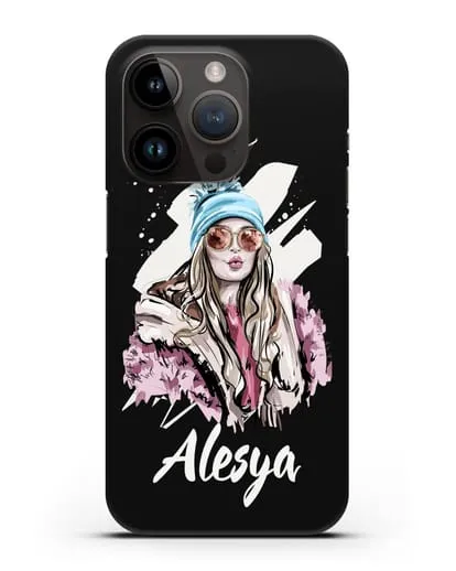 Именной чехол Девушка блондинка в очках и шапке с помпоном силиконовый для iPhone 14 Pro