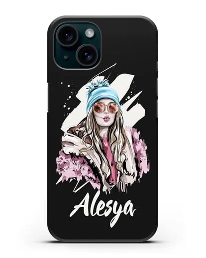 Именной чехол Девушка блондинка в очках и шапке с помпоном силиконовый для iPhone 15