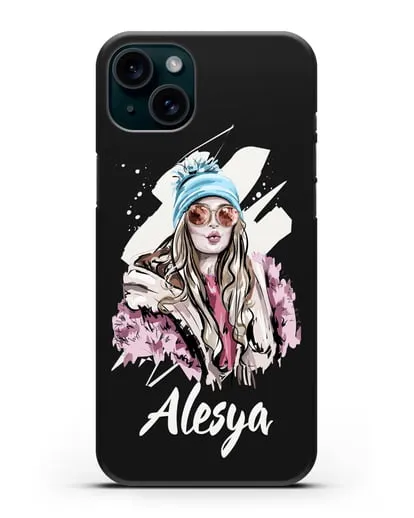 Именной чехол Девушка блондинка в очках и шапке с помпоном силиконовый для iPhone 15 Plus