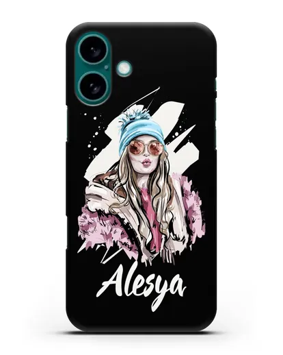 Именной чехол Девушка блондинка в очках и шапке с помпоном силиконовый для iPhone 16 Plus