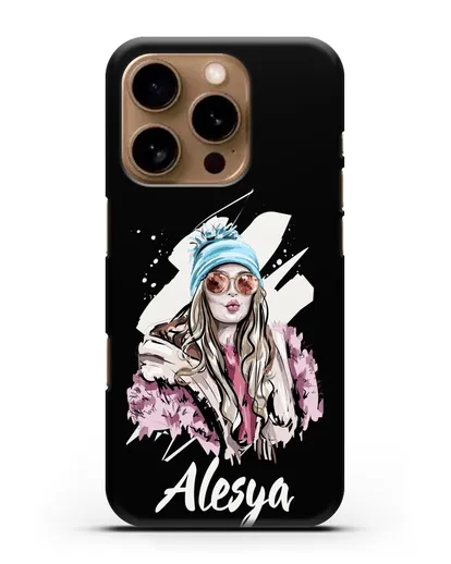 Именной чехол Девушка блондинка в очках и шапке с помпоном силиконовый для iPhone 16 Pro