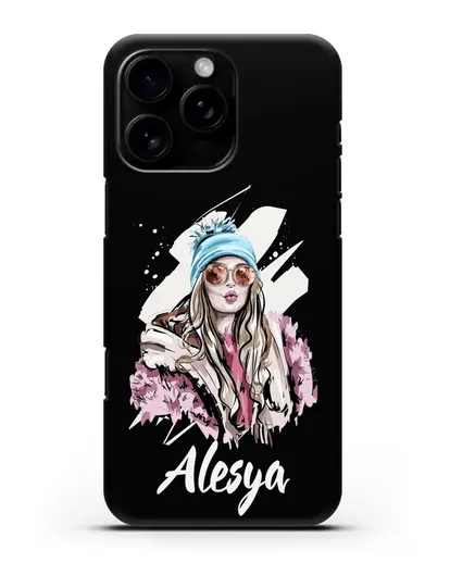 Именной чехол Девушка блондинка в очках и шапке с помпоном силиконовый для iPhone 16 Pro Max