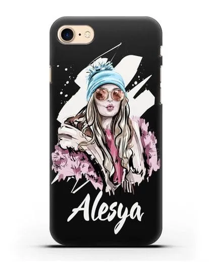 Именной чехол Девушка блондинка в очках и шапке с помпоном силиконовый для iPhone 8