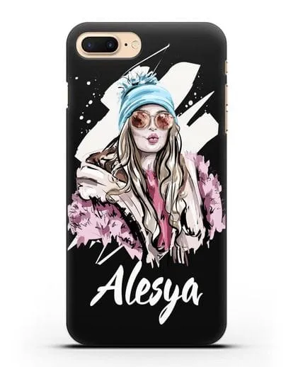 Именной чехол Девушка блондинка в очках и шапке с помпоном силиконовый для iPhone 7 Plus