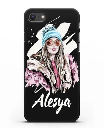 Именной чехол Девушка блондинка в очках и шапке с помпоном силиконовый для iPhone SE 2020