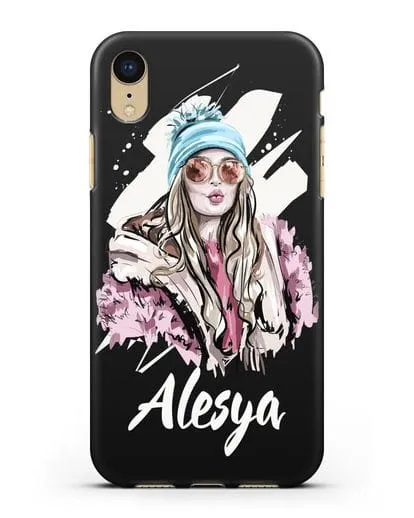 Именной чехол Девушка блондинка в очках и шапке с помпоном силиконовый для iPhone XR
